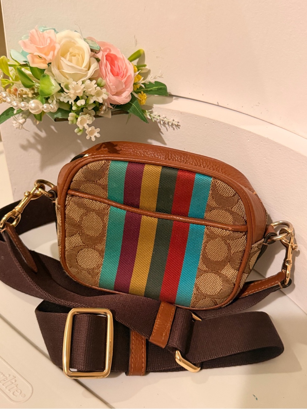 Coach Brown Signature Stripe Crossbody Camera Bag - Picture 4 of 10